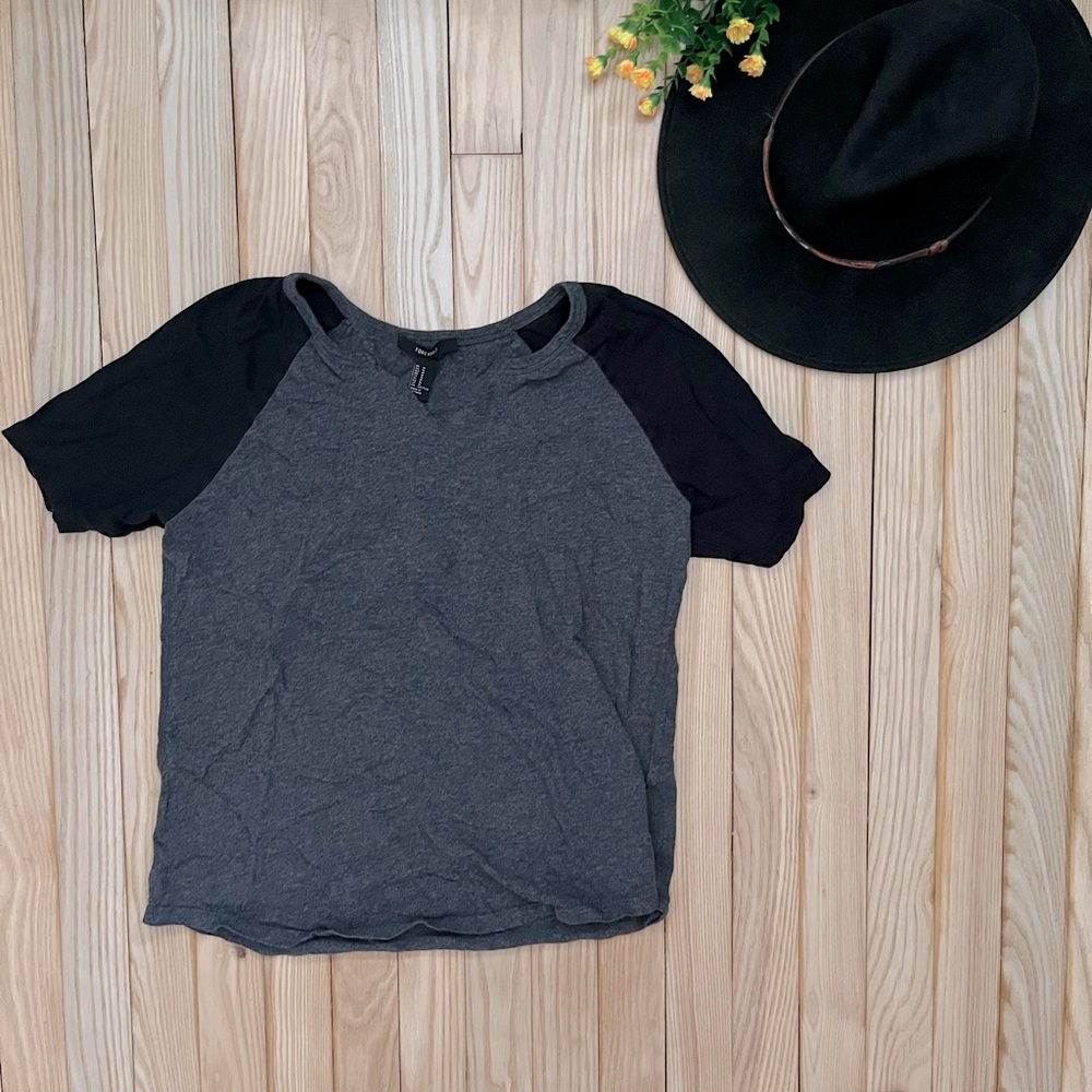 Gray and black short sleeve baseball-style tee